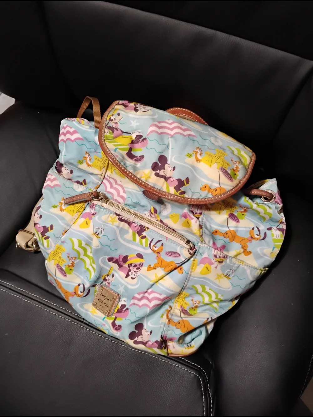 Dooney & Bourke Light Blue Printed Character Backpack with Tan Trim